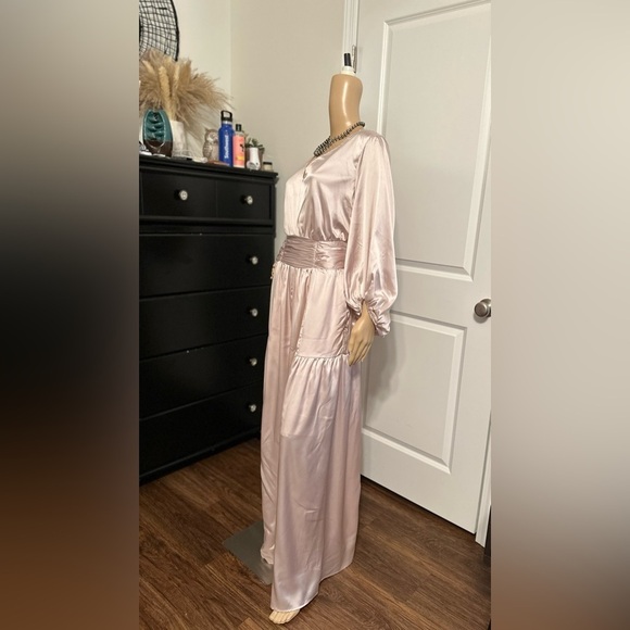 NWT-Satin V-Neck Ruched Waist Puff Sleeve Wide Leg Jumpsuit - Picture 11 of 13